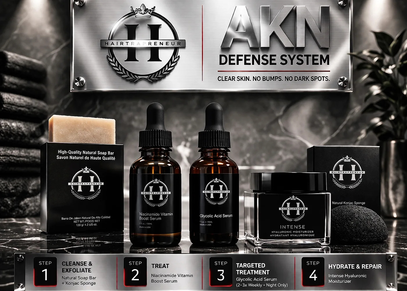 The AKN Defense System: soap bar, serums, moisturizer and konjac sponge on a marble display
