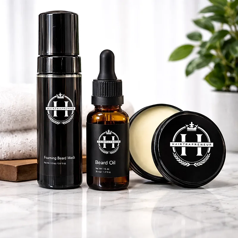 Premium beard care bundle with foaming wash, beard oil and beard butter
